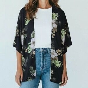 Hawaii Hangover‎ Kimono Women 3XL Black Floral Pineapple Vacation Summer